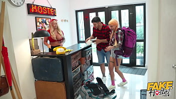 Naughty Hostel Quickie: My Horny Girlfriend And I Get A Surprise Threesome With A Busty Milf Staff Member
