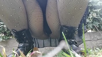 Exposed In The Park, Your Mom Arches And Reveals Her Wet Pussy Through Sheer Fishnets, Begging For A Public Stream.