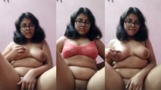 Big Boobed Four-eyed Slut Presses Her Tits And Stuffs Her Fingers Inside