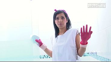 Hotel Maid In Tight Rubber Gloves Bends Over, Scrubbing The Shower With A Wet, Teasing Arch